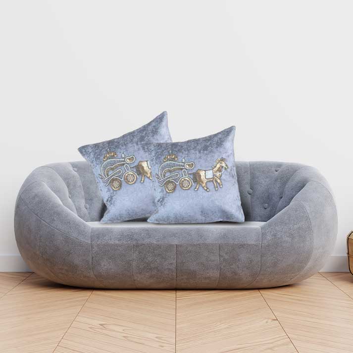 Elegant Grey Velvet Cushion with Embroidered Horse Carriage Design – Decorative Throw Pillow