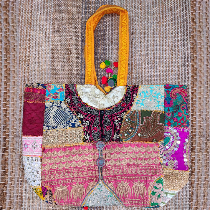 Handcrafted Patchwork Tote Bag – Colorful Vintage Fabric Shoulder Bag