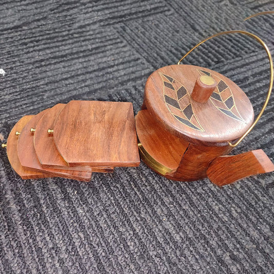 Wooden Teapot-Shaped Coaster Set with Brass Inlay | Handcrafted Table Décor