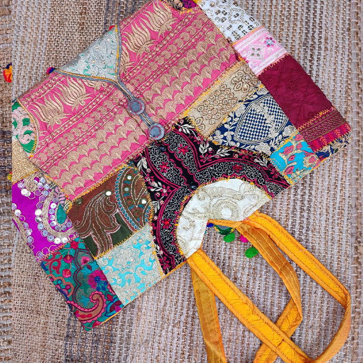 Handcrafted Patchwork Tote Bag – Colorful Vintage Fabric Shoulder Bag