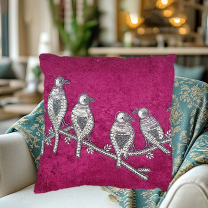 Embroidered Bird Design Cushion Cover – Burgundy